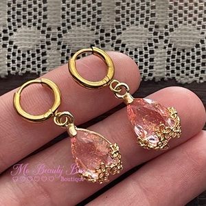 Pink Crystal Tear Drop Hoop Earrings